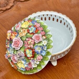 SOLD Vintage Floral Porcelain Footed Bowl with Lid – Hand Painted Flowers
